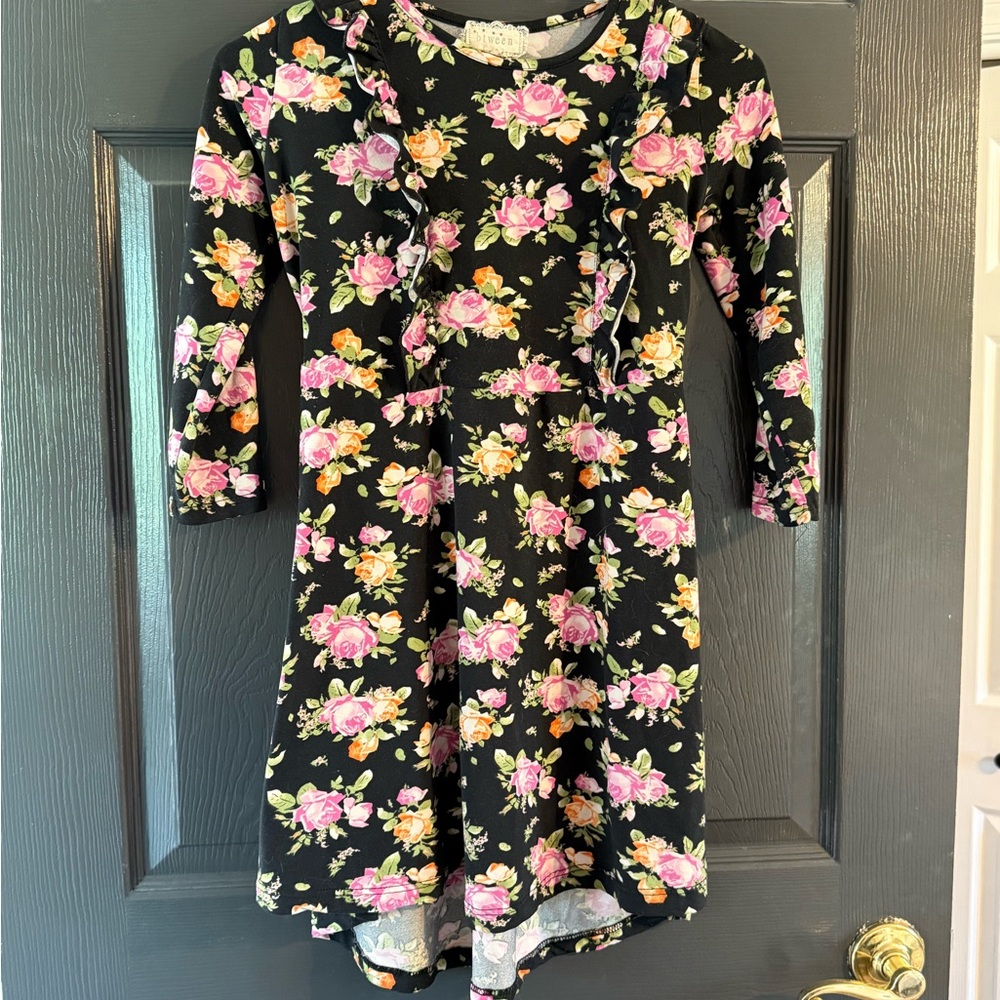 Btween Girl’s Black Pink and Green Flare Dress with Long Sleeves Size 10 12